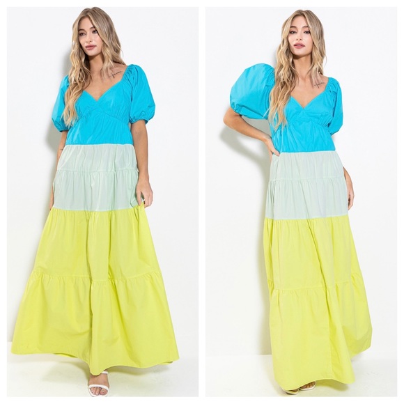 ShopEvelynne Blue, Mint & Lime Tiered Maxi Dress - Picture 2 of 7